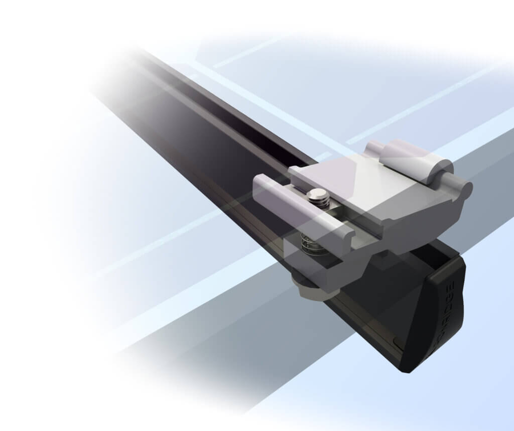 Eclipse hidden end clamp shown attached to rail with a see-through module above it