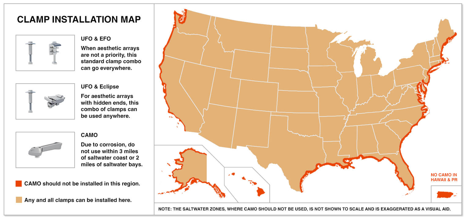 Map of the US, showing the coastlines highlights as a 3-mile "no camo" installation zone.
